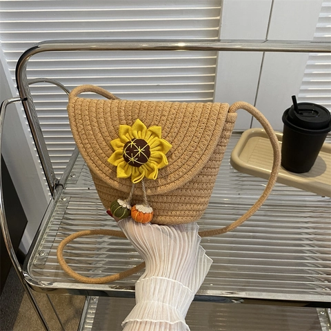 Borsa a Tracolla in Paglia da Donna Retrò Intrecciata a Mano Con Decorazione a Girasole Borsa da Spiaggia Estiva Piccola Quadrata per Vacanze