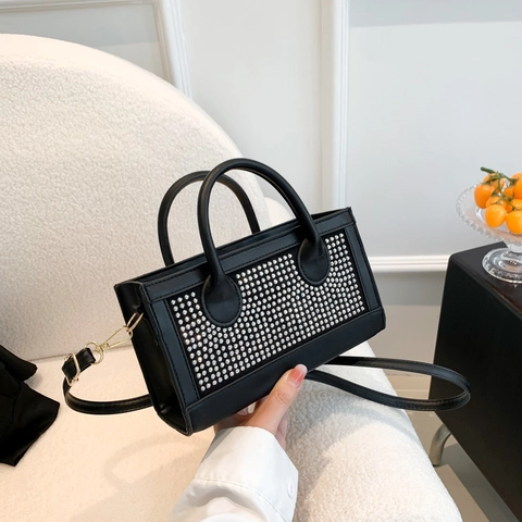 Women's Fashion Rhinestone Square Handbag PU Leather Crossbody Bag Simple Small Square Shoulder Bag For Daily Match