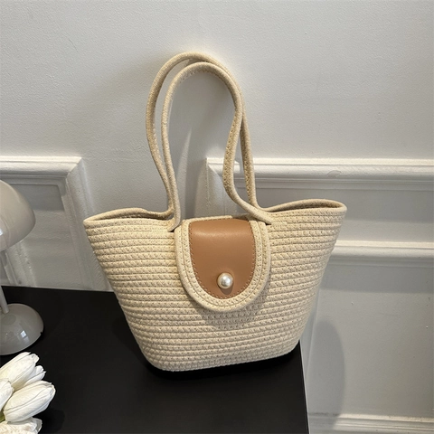 Damen Stroh Geflochtene Beuteltasche Große Kapazität Lässige Umhängetasche Mit Künstliche Perlendekoration Lederklappe Retro Handtasche