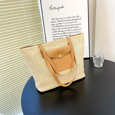 Borsa Tote Intrecciata di Grande Capacità Donna Paglia Borsa a Spalla PU Patchwork Con Bottone di Perla Artificial Estate Spiaggia Vacanza