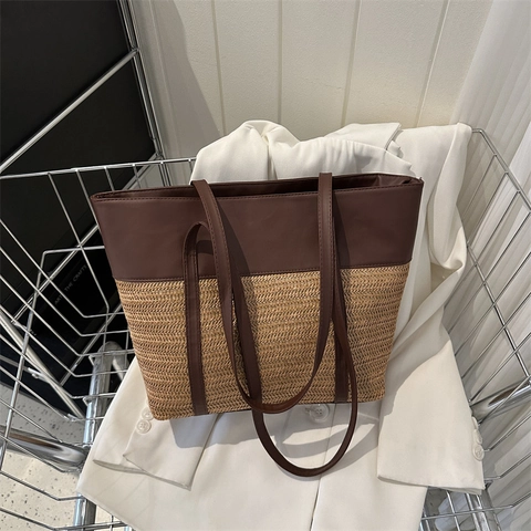 Γυναικεία Τσάντα Tote Από Πλεκτή Ψάθα Με Patchwork Μεγάλη Χωρητικότητα Τσάντα Ώμου Από Δέρμα PU Για Καλοκαιρινή Παραλία