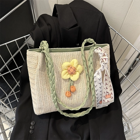 Damen Große Kapazität Stroh Gewebt Tote Bag Sommer Strand Schultertasche Mit Sonnenblume Anhänger Und Schal Casual Handtasche