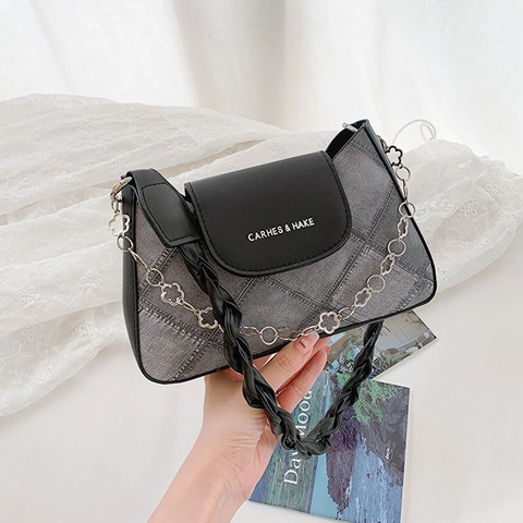 Borsa Baguette Da Donna Pelle PU Trama Denim Rombi Trapuntati Catena A Fiori Tracolla Intrecciata Sotto L'ascella Chic Casual