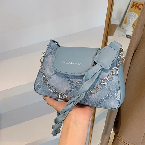 Fashion Women Denim Texture PU Leather Underarm Bag With Braided Strap Flower Metal Chain Casual Shoulder Crossbody Bag