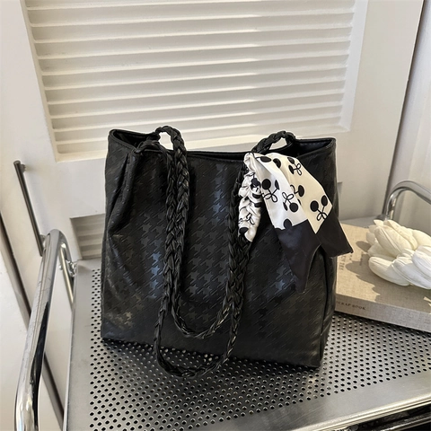 Borsa Tote in Pelle PU di Grande Capacità Con Manico Intrecciato Foulard in Seta Fantasia Pied De Poule per Donna Ufficio Casual