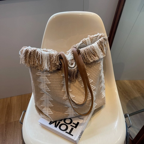 Borsa Tote Intrecciata da Donna Grande Capacità Con Nappine Motivo Geometrico Borsa a Tracolla in Lana Boho Vacanza Borsa a Mano per Pendolari