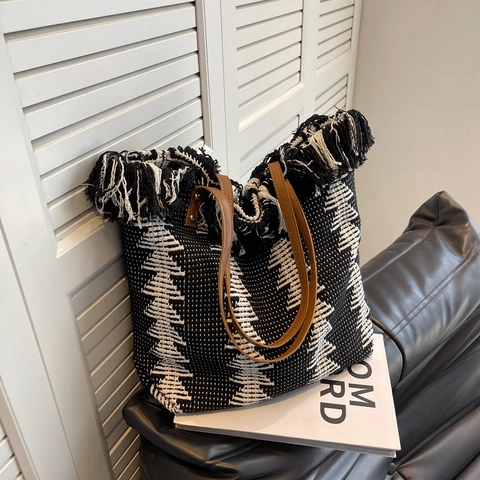 Borsa Tote Intrecciata da Donna Grande Capacità Con Nappine Motivo Geometrico Borsa a Tracolla in Lana Boho Vacanza Borsa a Mano per Pendolari