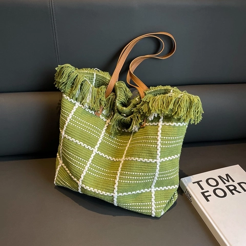Bolso Tote de Ganchillo a Cuadros para Mujer Con Flecos Gran Capacidad Bolso de Hombro de Punto Bohemio Informal Urbano