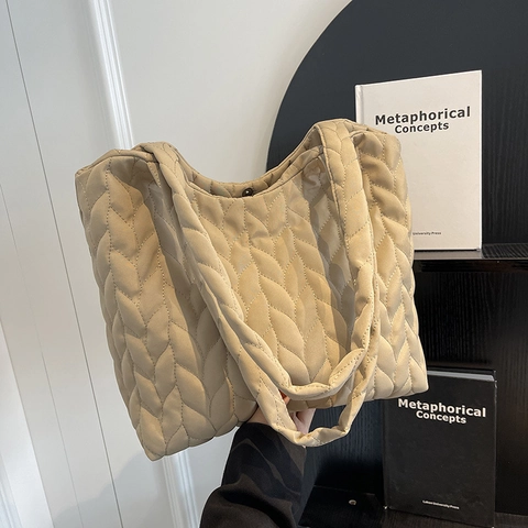 Bolso de Mano Acolchado de Gran Capacidad para Mujer Bolso de Hombro de Tela Oxford Patrón de Hojas Casual Moda Blanda
