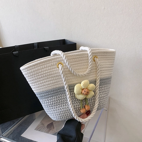 Borsa Tote Intrecciata da Donna in Stile Coreano Grande Capacità Colore a Contrasto Corda di Cotone Con Fiore 3D Mare