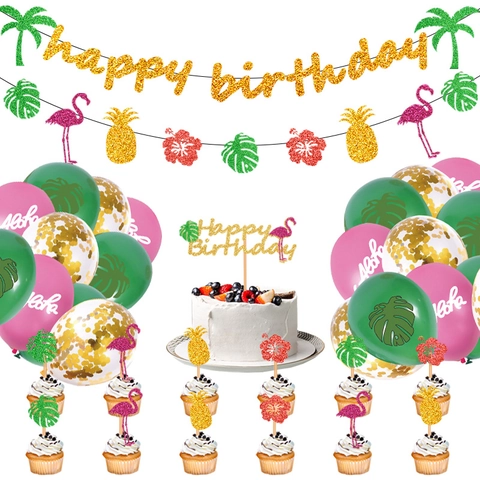 Tropical Hawaiian Birthday Party Decorations Set Flamingo Pineapple Banner Cake Toppers Aloha Glitter Balloons Summer Beach Party Supplies