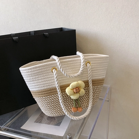 Borsa Tote Intrecciata da Donna in Stile Coreano Grande Capacità Colore a Contrasto Corda di Cotone Con Fiore 3D Mare