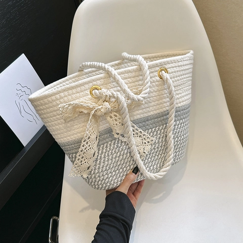 Borsa Tote Intrecciata Corda Di Cotone Paglia Cuciture Fiocco In Pizzo Grande Capacità Vacanze Al Mare Borsa A Mano Da Donna