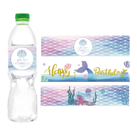 Mermaid Theme Water Bottle Labels Waterproof Stickers For Birthday Party Wedding Event Decorations Fish Scale Shell Ocean Elements Stickers