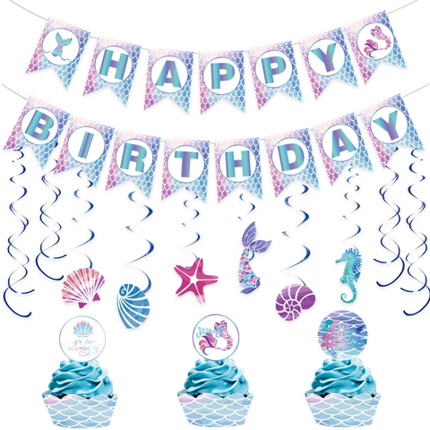 Set Decorazioni Festa di Compleanno Tema Sirena Banner Happy Birthday Spirali Sospese Topper per Cupcake Forniture Party