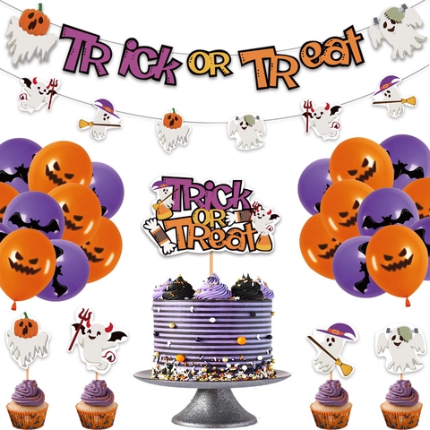 Ensemble de Décoration de Fête d'Halloween Bannière Trick Or Treat Guirlande de Fantômes Citrouilles Chauves-souris Ballons en Latex Violet Orange Décorations de Gâteaux