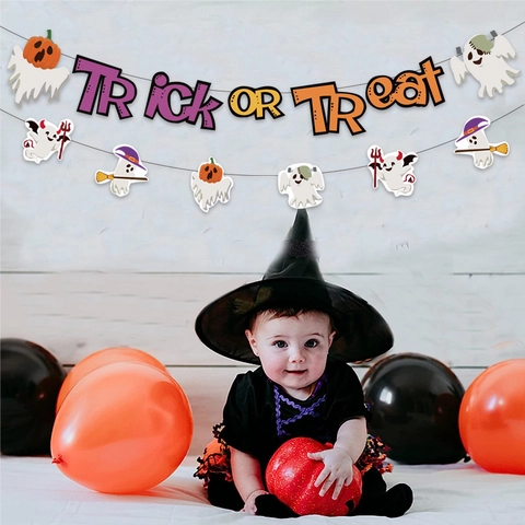 Ensemble de Décoration de Fête d'Halloween Bannière Trick Or Treat Guirlande de Fantômes Citrouilles Chauves-souris Ballons en Latex Violet Orange Décorations de Gâteaux