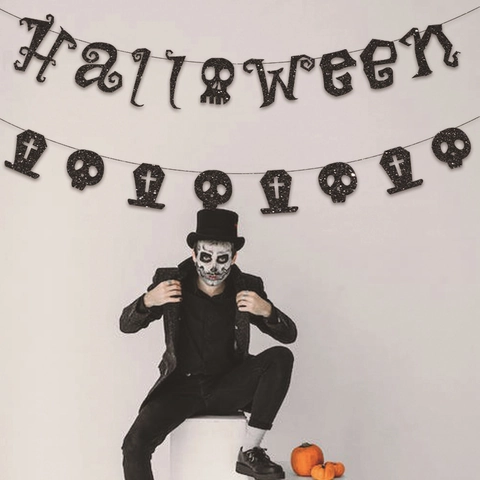 Decorazioni Banner Halloween Glitter Nero Ghirlanda Lettere Halloween Pipistrello Teschio Lapide Per Festa Casa Fantasma