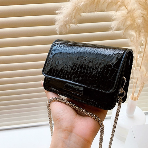 Damen Metallic Krokodil Muster Mini Umhängetasche Geprägtes PU Leder Kleine Quadratische Tasche Mit Silberner Kette Mode Party Tasche