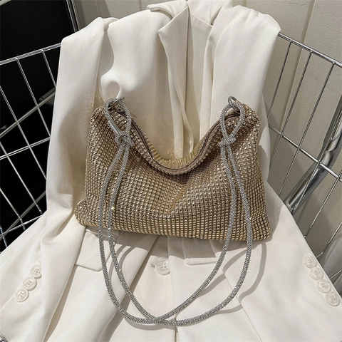 Women's Sparkling Full Rhinestone Underarm Tote Bag Fashionable Evening Party Shoulder Bag With Knotted Strap PU Metallic Handbag