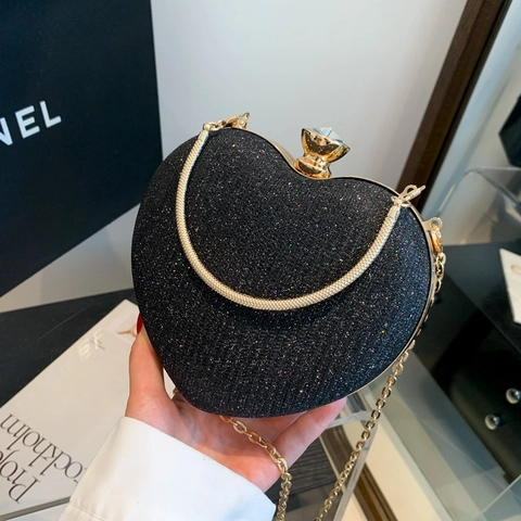 Borsa da Sera a Forma di Cuore da Donna Glitter Paillettes Catena Spalla Crossbody in Pelle PU Party Banquet Clutch