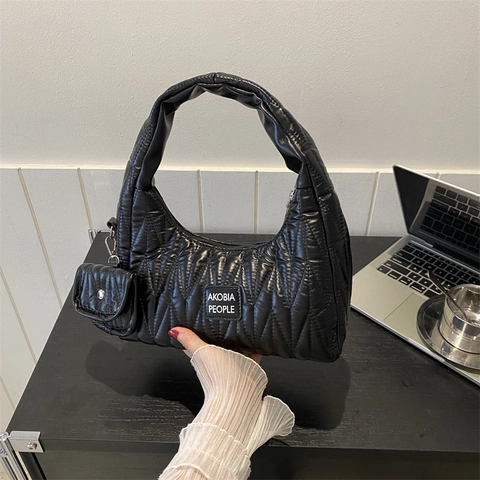 Conjunto de Bolso de Hombro Acolchado y Mini Neceser para Mujer Cuero PU Bolso Hobo de Axila Blando Color Sólido con Cremallera