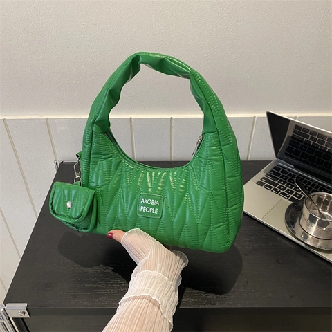 Conjunto de Bolso de Hombro Acolchado y Mini Neceser para Mujer Cuero PU Bolso Hobo de Axila Blando Color Sólido con Cremallera