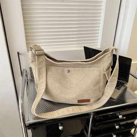 Vintage Corduroy Hobo Bag For Women Large Capacity Solid Color Adjustable Wide Strap Crossbody Shoulder Bag Leisure