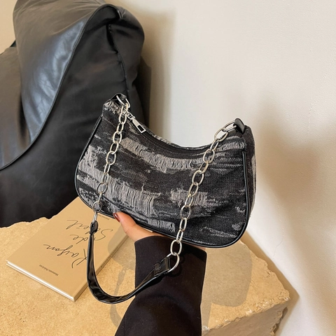 Vintage Distressed Denim Unterarmtasche Mit Metallkette Retro Zerrissene Denim Hobo Schultertasche Für Damen Street Style Tasche