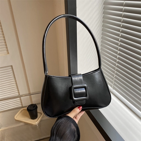 Bolso de Axila Minimalista de Cuero de PU para Mujer con Hebilla Cuadrada Grande Bolso de Hombro Color Sólido Bolso Baguette