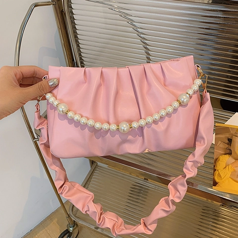 Damen Plissierte Geraffte Schultertasche Mit Kunstperlenkette PU Leder Achseltasche Elegante Abendparty Kleine Handtasche