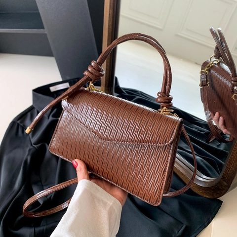 Ruched PU Leather Crossbody Handbag With Knotted Handle For Women Vertical Wrinkled Texture Small Square Fashion Bag