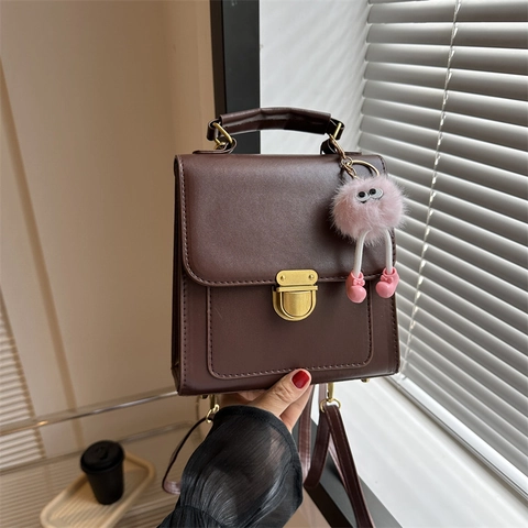 Women Fashion PU Leather Mini Backpack With Pink Monster Charm Vintage Metal Lock Casual Solid Color Handbag Daypack