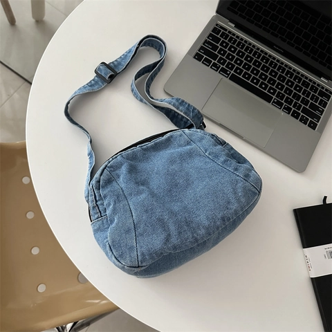 Trendy Washed Denim Shoulder Bag For Women Casual Crossbody Bag Minimalist Solid Color Hobo Bag Student Purse Daily Travel Bag