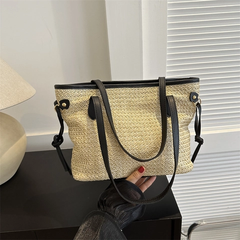 Borsa Tote da Donna in Paglia Intrecciata a Grande Capacità Borsa a Tracolla Casual per Spiaggia Estiva Con Cinturino in Pelle PU