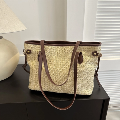 Borsa Tote da Donna in Paglia Intrecciata a Grande Capacità Borsa a Tracolla Casual per Spiaggia Estiva Con Cinturino in Pelle PU
