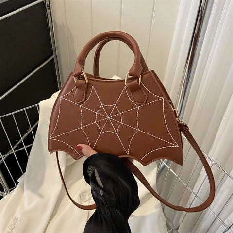 Gothic Bat Wing Shaped Handbag With Spiderweb Embroidery PU Leather Women Shoulder Crossbody Bag For Halloween Party