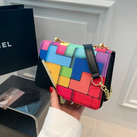 Borsa A Tracolla Da Donna Con Stampa Geometrica Colorata In Pelle PU Mini Borsa Quadrata Con Catena Dorata Moda