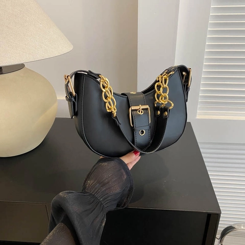 Bolso de Hombro Creciente de Cuero PU Minimalista para Mujer Decoración de Cadena y Hebilla Doradas Bolso de Axila Color Sólido