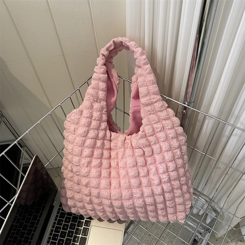 Women Popcorn Bubble Texture Tote Bag Minimalist Nylon Pleated Underarm Shoulder Bag Large Capacity Casual Daily Fashion Handbag