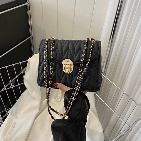 Bolso Bandolera Acolchado en V a la Moda para Mujer Elegante Bolso de Hombro Cuadrado Pequeño de Cuero PU con Cadena Dorada para Viaje Diario