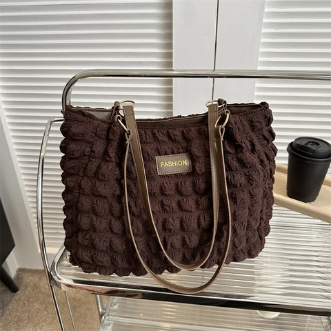 Women Fashion Popcorn Texture Tote Bag Pleated Large Capacity Shoulder Bag Casual Commute Bag With Letter Label