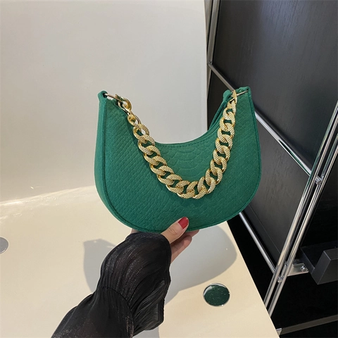 Women Fashion Felt Crescent Underarm Bag With Thick Gold Chain Strap Embossed Half Moon Shoulder Bag For Party Daily Wear