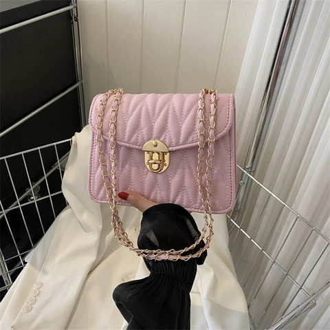 Bolso Bandolera Acolchado en V a la Moda para Mujer Elegante Bolso de Hombro Cuadrado Pequeño de Cuero PU con Cadena Dorada para Viaje Diario