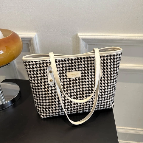 Vintage Houndstooth Tote Bag For Women Large Capacity Shoulder Bag PU Leather Trim Commuting Handbag Work Office Bag