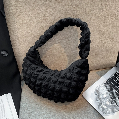 Women Popcorn Texture Shoulder Bag Pleated Underarm Hobo Bag Soft Polyester Fabric Ruched Crescent Handbag