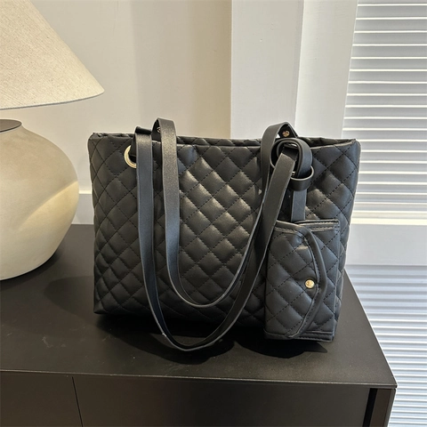 Fashion Women Quilted Diamond Lattice PU Leather Tote Bag With Small Pouch Large Capacity Shoulder Bag Urban Commute Pouch