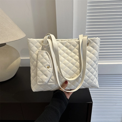 Fashion Women Quilted Diamond Lattice PU Leather Tote Bag With Small Pouch Large Capacity Shoulder Bag Urban Commute Pouch
