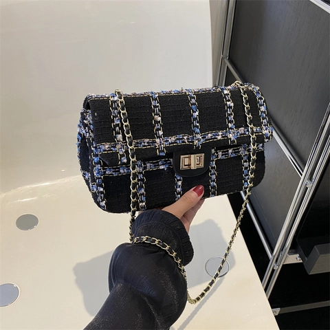 Elegante Dames Tweed Ruitpatroon Ketting Schoudertas Vierkante Crossbody Tas Met Metalen Slot Gesp Mode Geweven Messenger Bag
