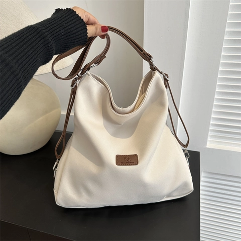 Minimalist Solid Color Canvas Shoulder Bag Large Capacity Tote For Women Daily Casual Style With Adjustable Leather Strap